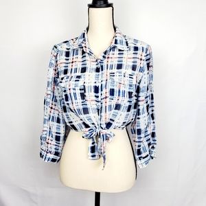 Cotton Express Plaid Tie Front Shirt L